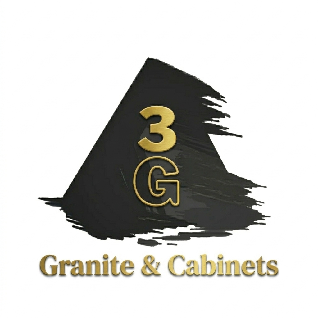 Logo with a black brushstroke forming a triangle, featuring gold text 3G in the center and Granite & Cabinets below in gold letters.
